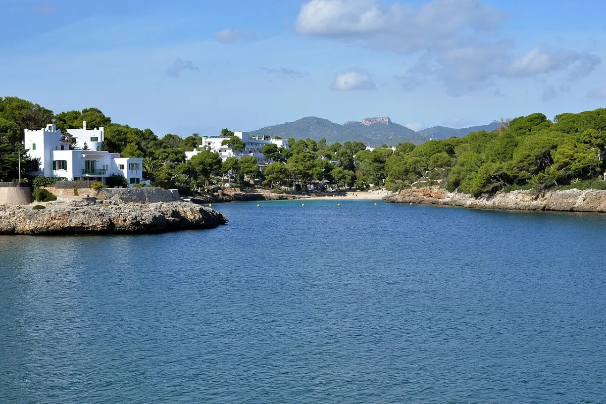En liten vik i Cala d'Or med hvite hus og furutrær